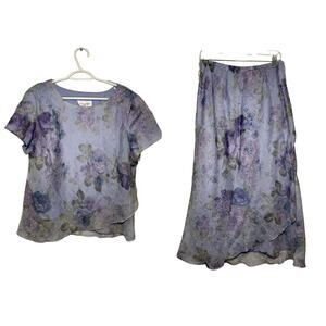 Lady‎ Dorby vintage puple floral sheer lined midi skirt blouse set womens 16W